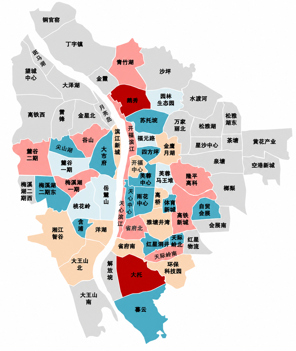 长沙升学板块色块地图,湘江分隔河西与河东;点击任一色块查看周边学校